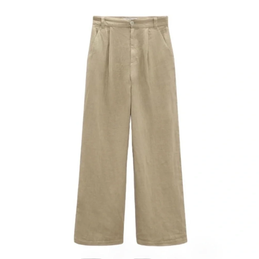 NWT Zara Relaxed Linen Wide Leg Crop Trouser Pleat Front Pant Khaki Tan Small